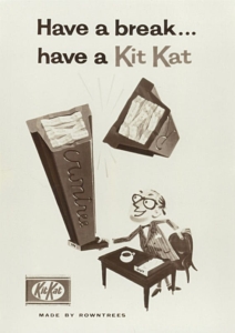A black and white original advertisement for Kit Kat candy bars, reading "have a break, have a kit kat."