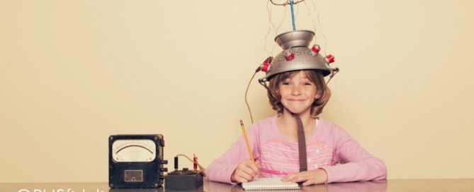 Girl with tin hat on head