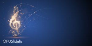 A shimmering gold treble clef sign rests on a blue background