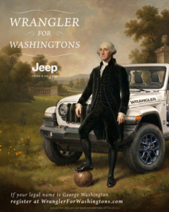George Washington stands in front of a Jeep Wrangler with a soccer ball.