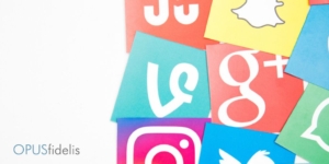 Social media icons float on a white background